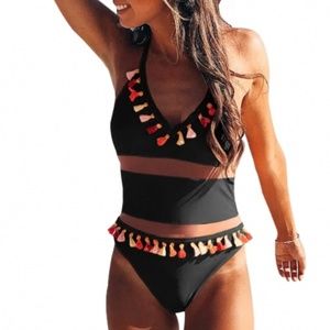 Black Tasseled One Piece Bathing Suit